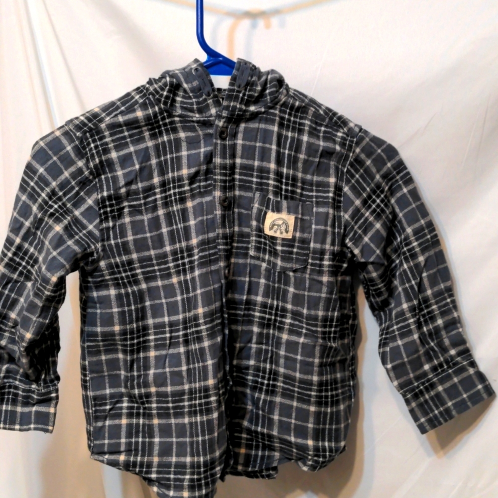 Cotton on Kids blue and gray hooded plaid button down shirt